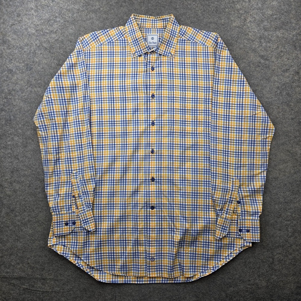 David Donahue Shirt‎ Mens XL Blue Yellow Plaid Cotton Button Front Long Sleeve